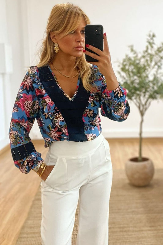 Blusa Mathilde Blue & Flowers